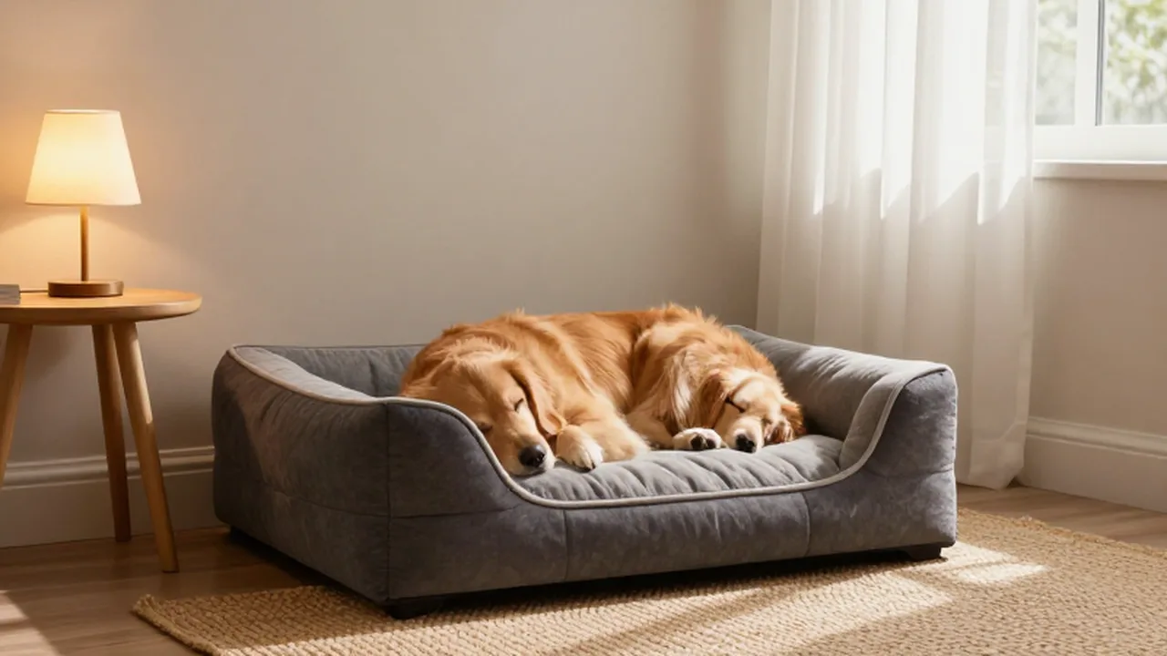 Un golden retriever duerme plácidamente en una cama ortopédica dentro de un rincón acogedor.