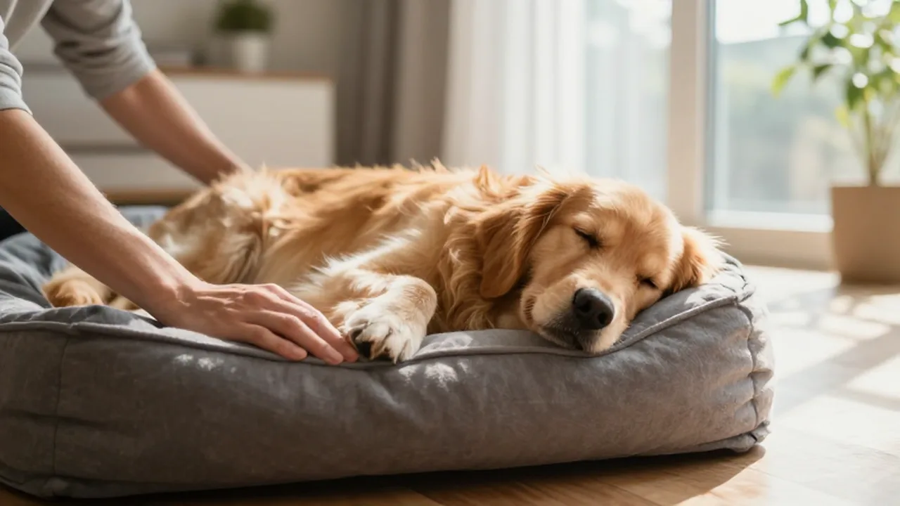 Un golden retriever duerme plácidamente en una cama acolchada en una sala iluminada por el sol.