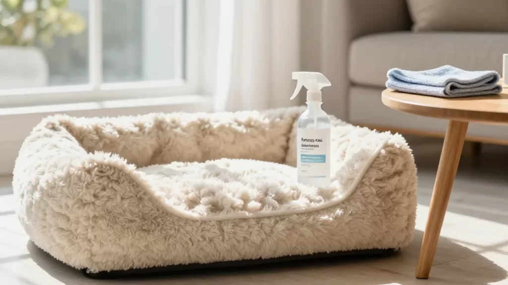 Cama de perro mullida en un salón luminoso junto a un desinfectante y un paño.