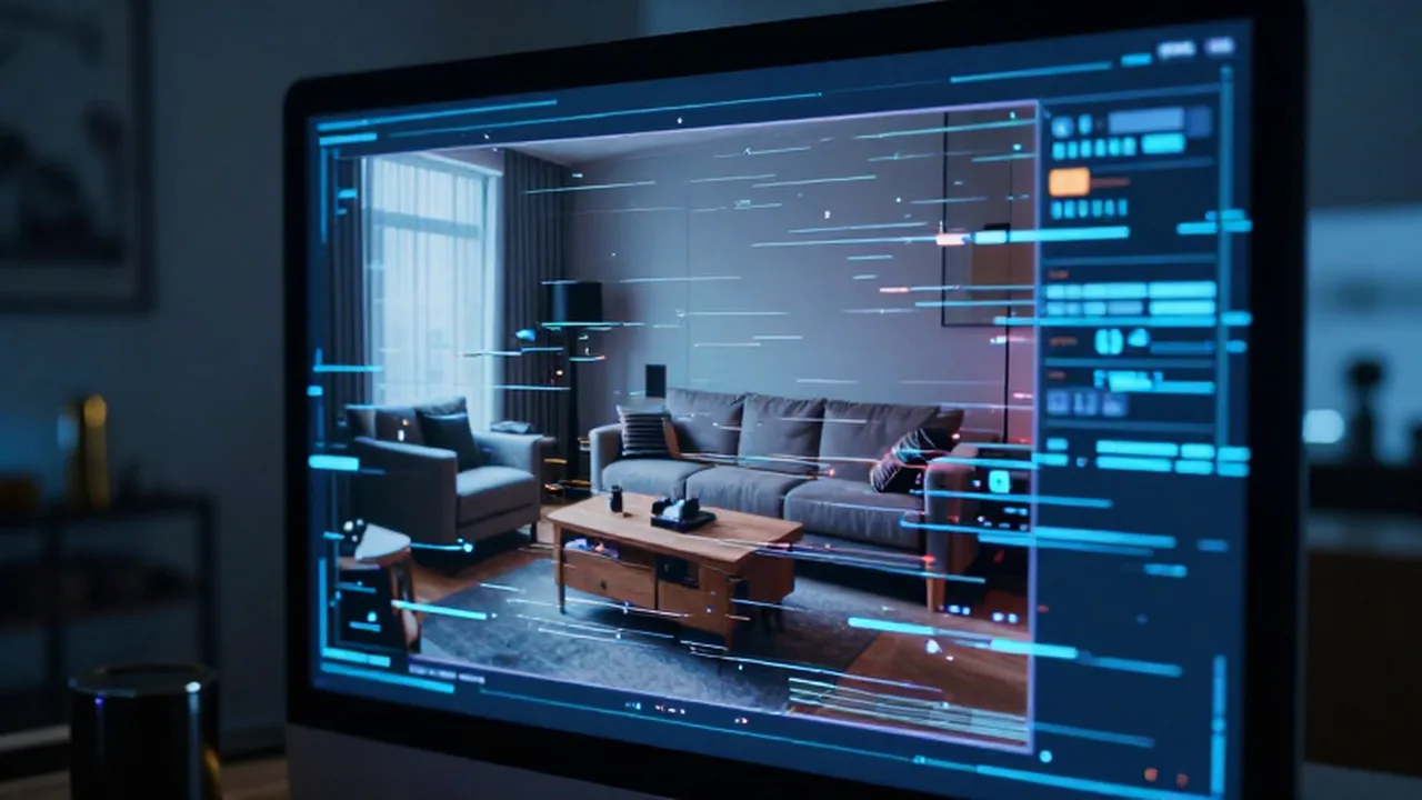 Monitor de seguridad con la imagen de una sala de estar distorsionada por interferencias digitales.