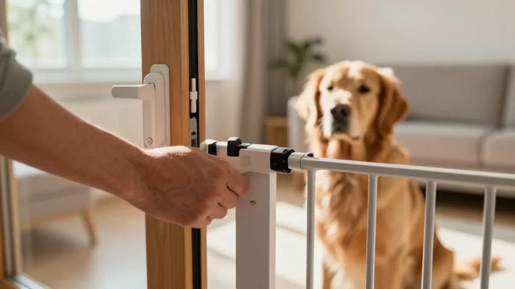 Una mano revisa una barrera de seguridad y un cierre de ventana con un perro al fondo.