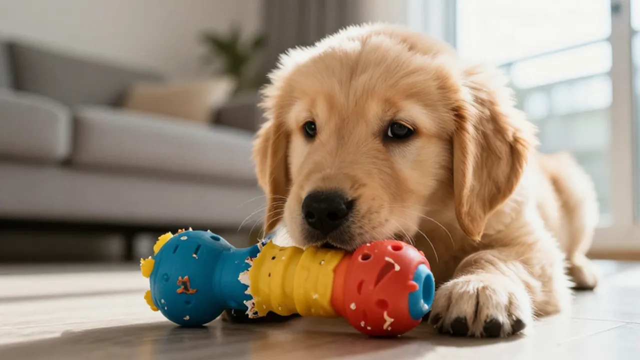 Cachorro de golden retriever mirando con curiosidad un juguete de goma mordido y desgastado.