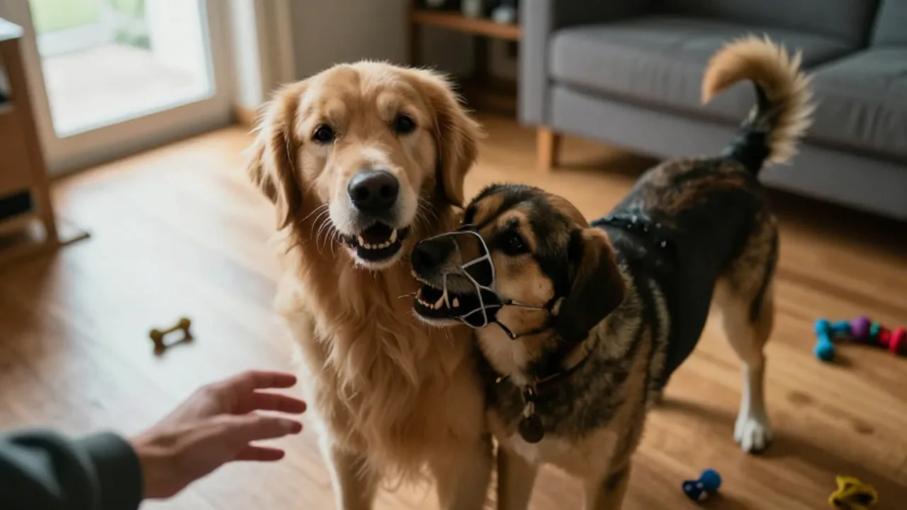 Un Golden Retriever y un perro mestizo juegan de forma brusca en una sala.
