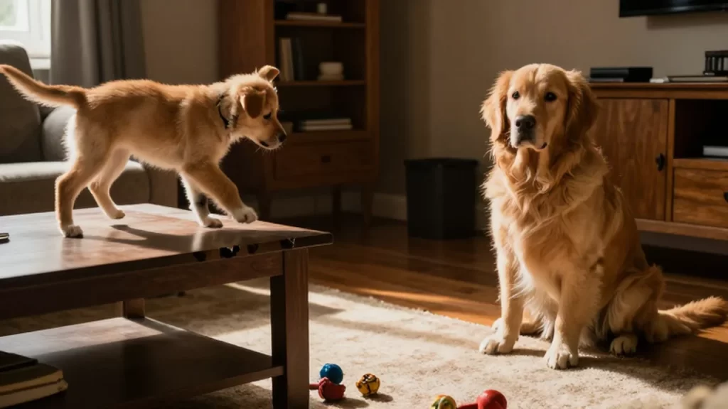 Dueño preocupado observa a su cachorro de golden retriever saltar hacia una mesa de centro.