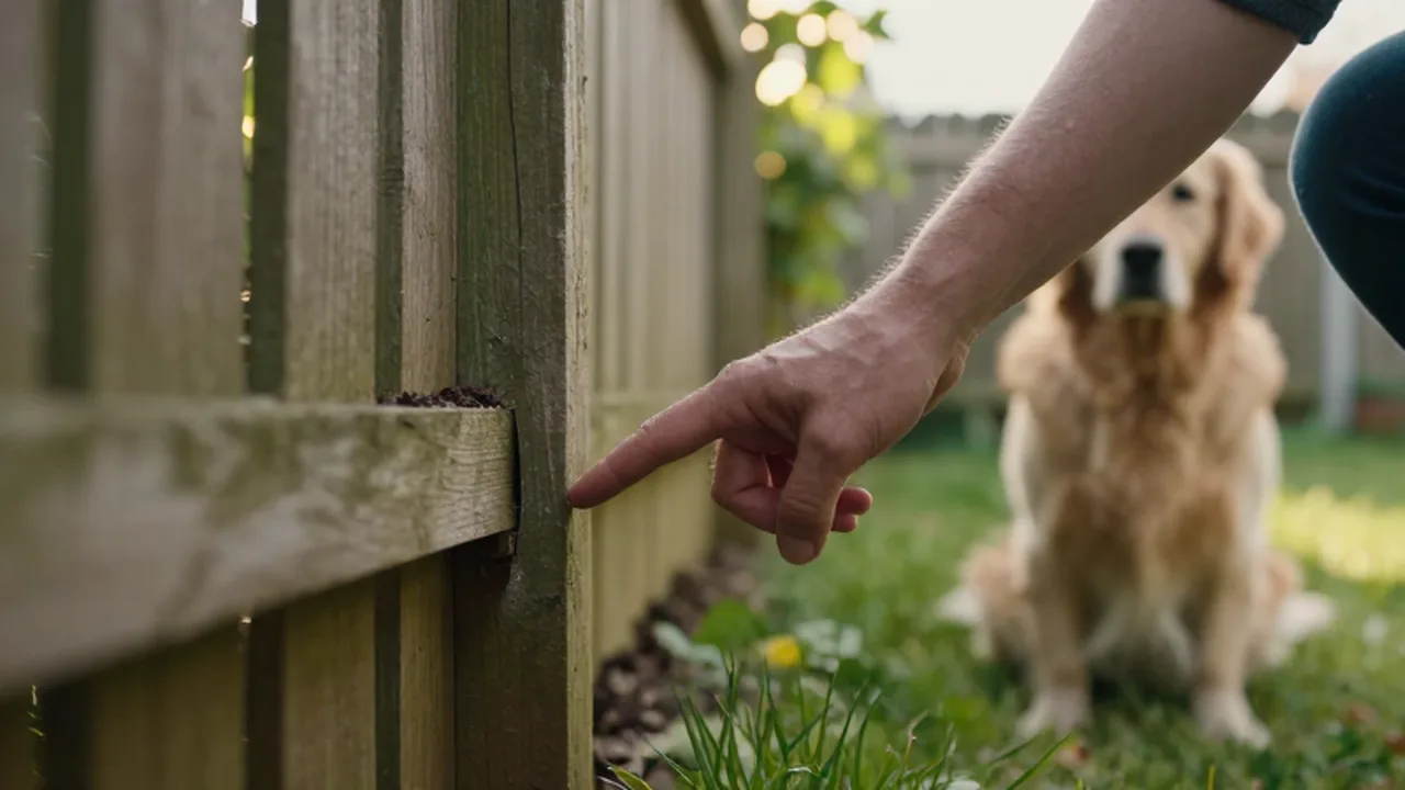 Una mano señala un hueco en la base de una valla de madera con un perro al fondo.