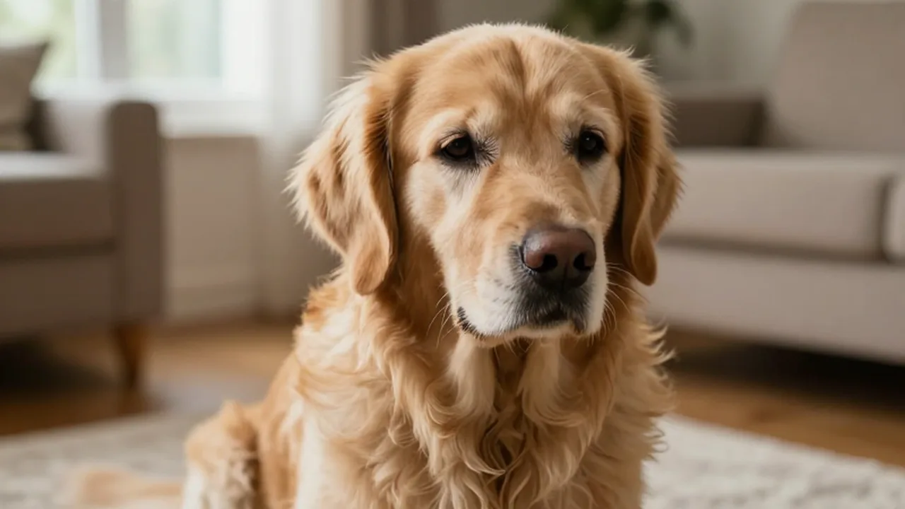 Perro golden retriever anciano con postura encorvada y expresión vulnerable sentado sobre una alfombra.