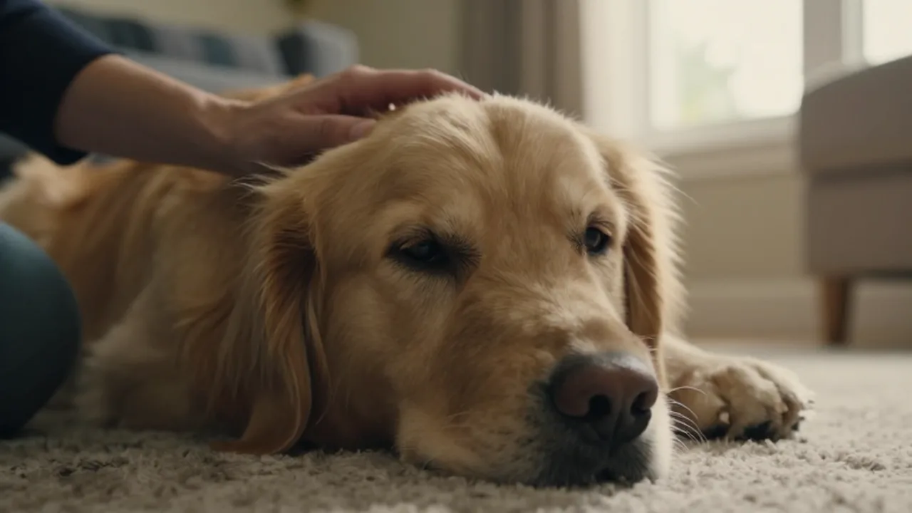 Golden retriever con expresión de preocupación mientras una mano le acaricia la cabeza en una sala.