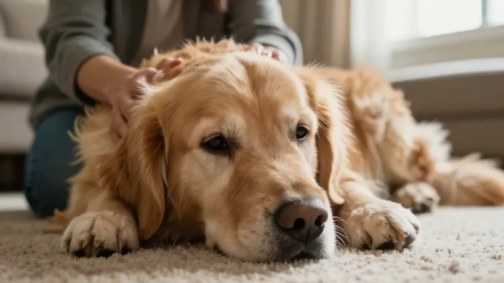 Perro golden retriever anciano con expresión de malestar mientras un dueño le acaricia el costado.