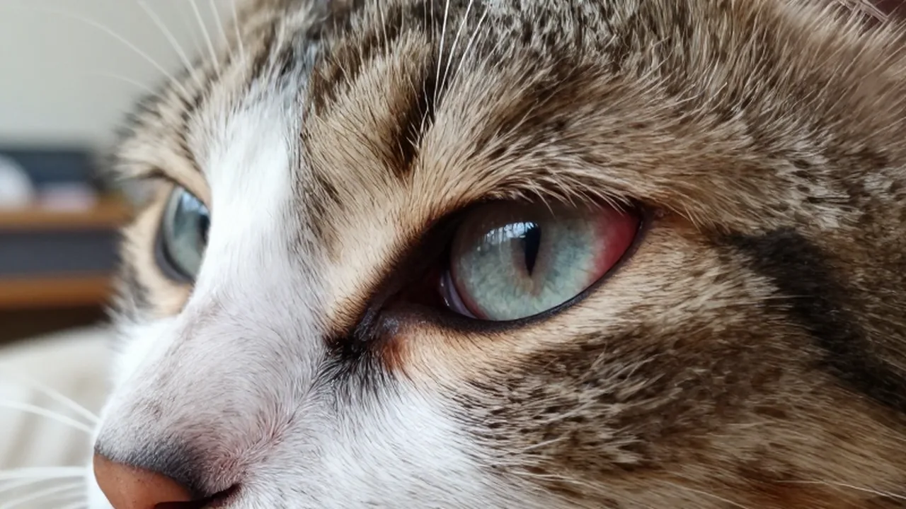 Primer plano de un ojo de gato con irritación y enrojecimiento en la zona de la conjuntiva.
