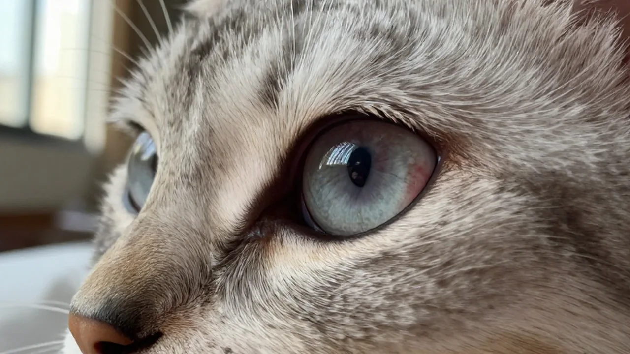 Primer plano del ojo de un gato doméstico que presenta una leve irritación y opacidad corneal.