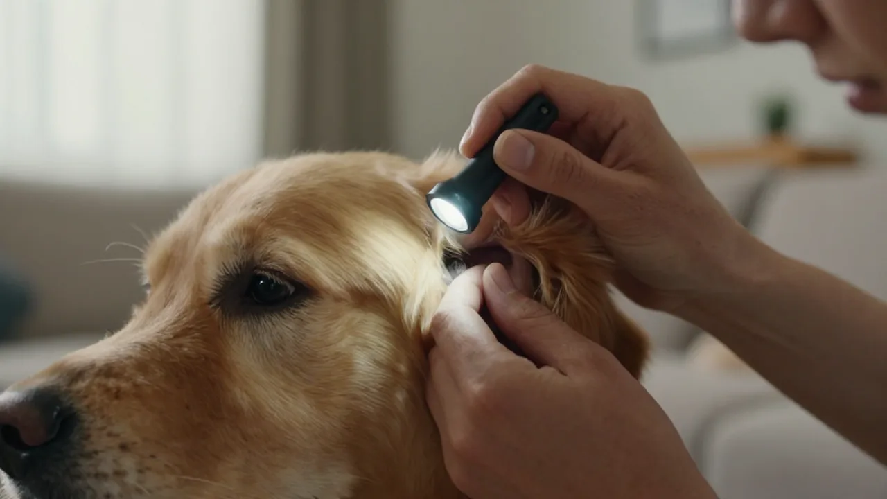 Persona revisando con una linterna el oído de un perro Golden Retriever.