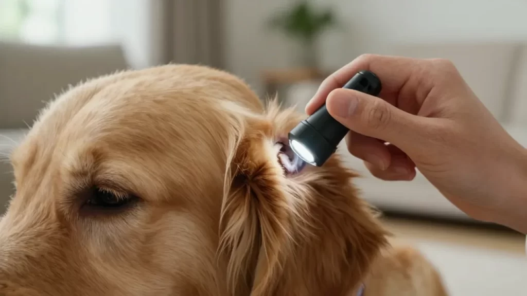 Persona examinando con una linterna el oído de un perro golden retriever.