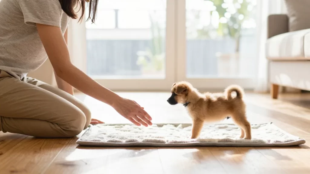 Persona joven guiando con paciencia a un cachorro hacia un tapete de entrenamiento en una sala iluminada.