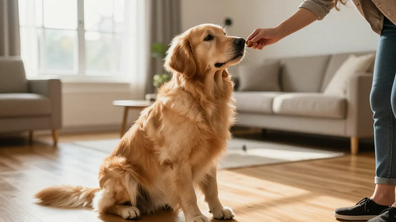 Golden retriever concentrado sentado en un salón luminoso mientras una entrenadora le ofrece un premio.