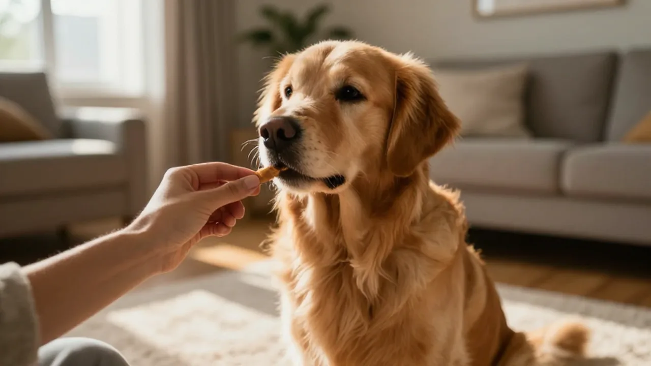 Golden retriever sentado concentrado frente a una mano que le ofrece un premio en casa.