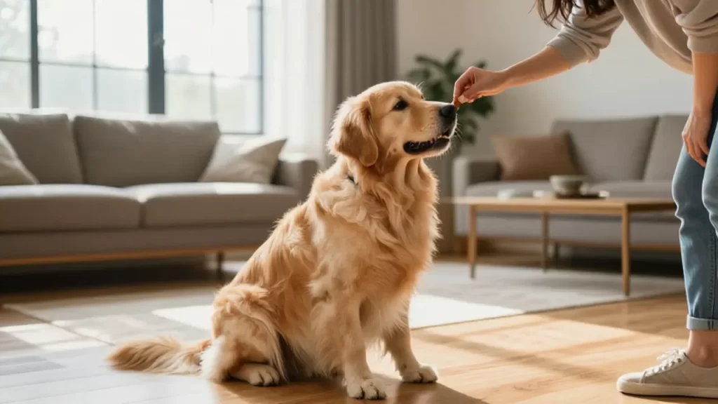 Un golden retriever sentado esperando obedientemente una golosina de la mano de una mujer.