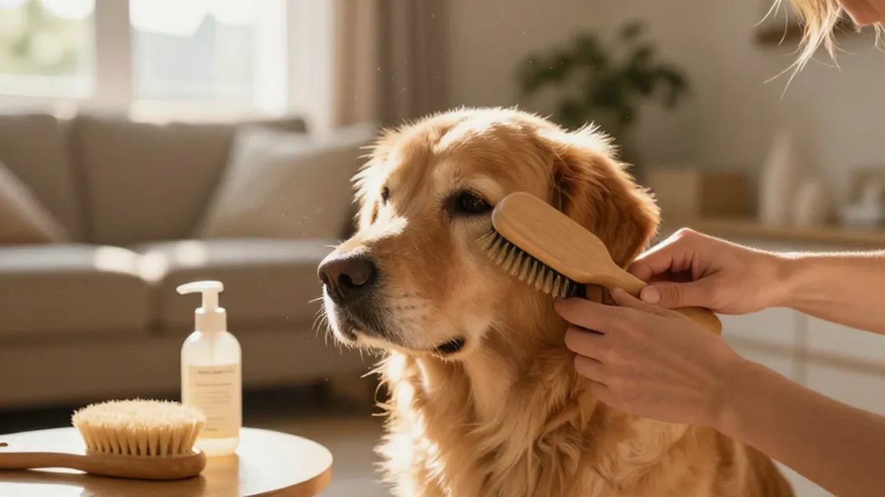 Manos cepillando con cuidado el pelaje de un perro dorado en una sala soleada.