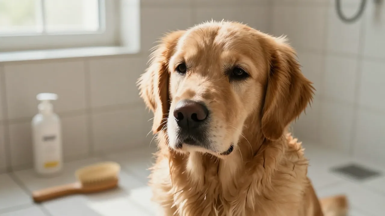 Golden retriever con la cabeza inclinada sentado en el baño junto a un cepillo y champú.