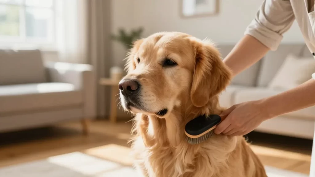 Un golden retriever tranquilo es cepillado con cuidado por unas manos en una sala iluminada por el sol.