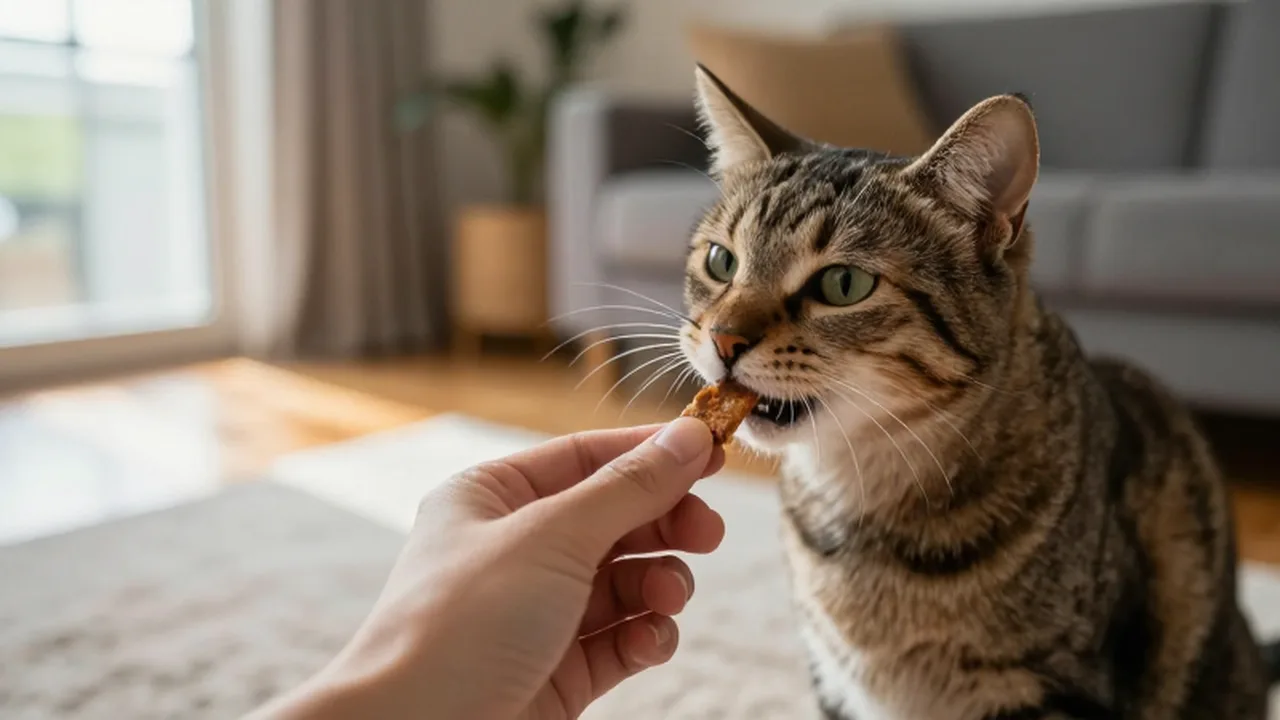 Una mano sostiene un premio orgánico cerca de un gato atigrado curioso en un salón acogedor.