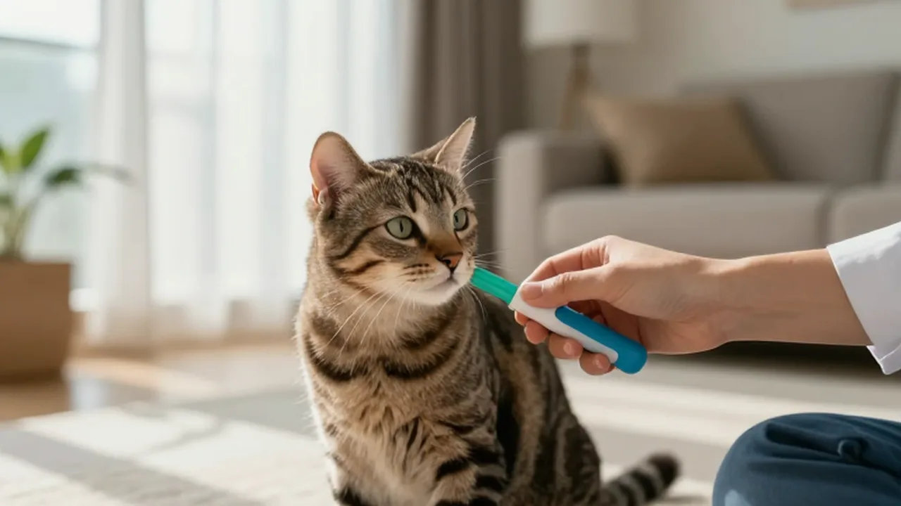 Una persona entrena con cuidado a un gato tabby usando un clicker en una sala iluminada.