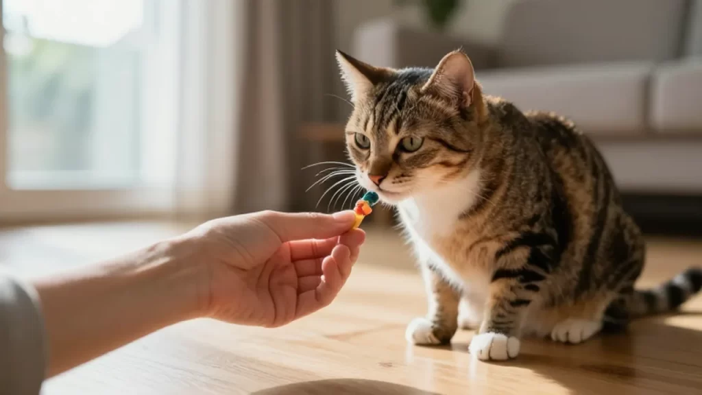 Una mano sostiene un premio colorido frente a un gato tabby que lo observa con atención.