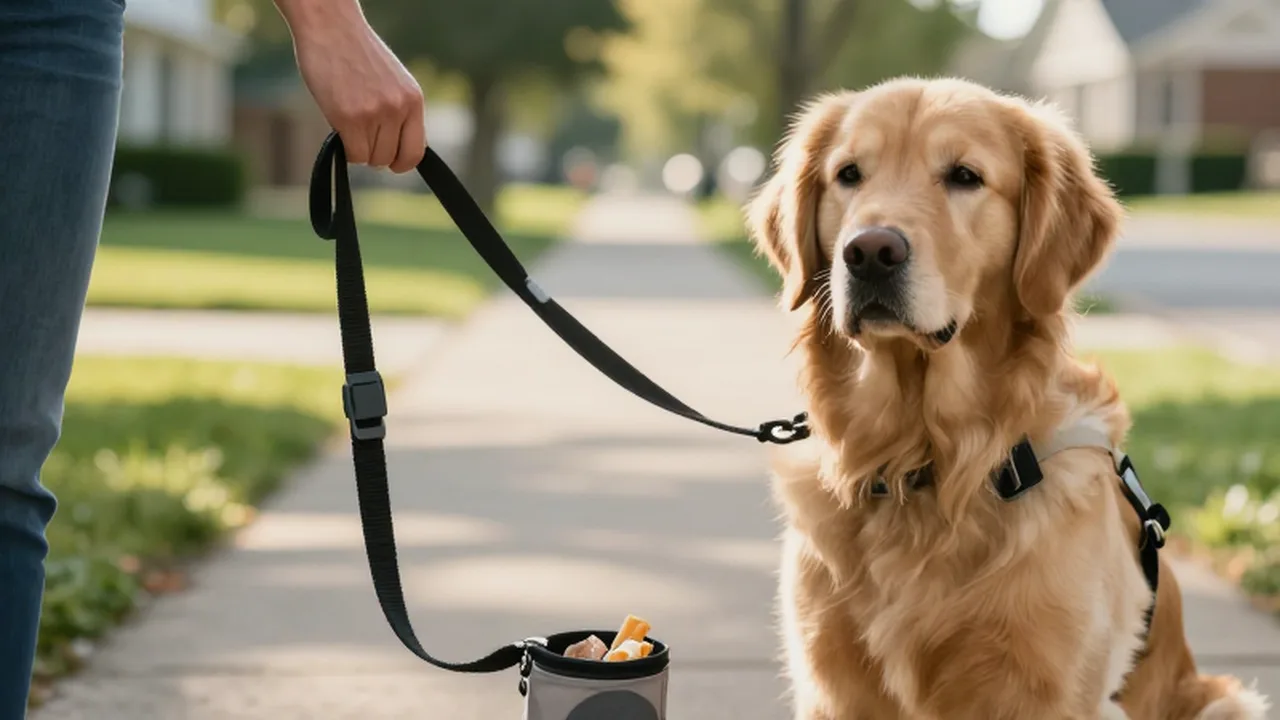 Mano sosteniendo el arnés y la correa de un Golden Retriever sentado en la acera.