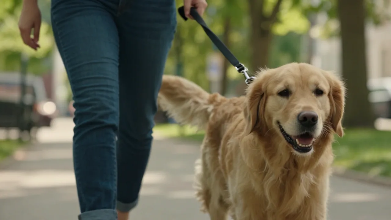 Dueño frustrado intentando controlar a un golden retriever que tira de la correa en un parque.