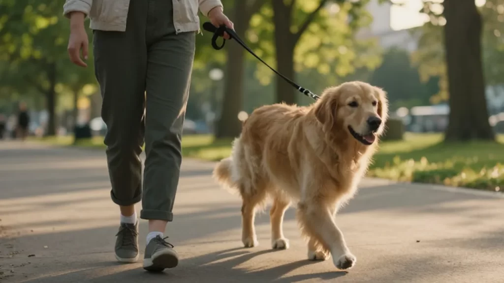 Persona caminando tranquilamente con un golden retriever por un parque soleado durante el atardecer.