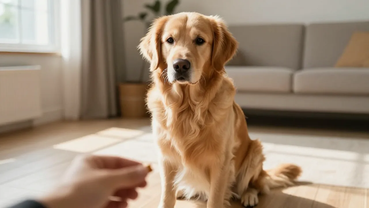 Golden retriever sentado con disciplina en una sala iluminada por el sol mientras espera un premio.