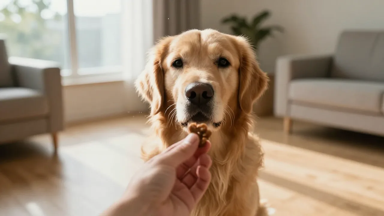 Golden Retriever atento frente a una mano que le ofrece un premio en una sala iluminada.