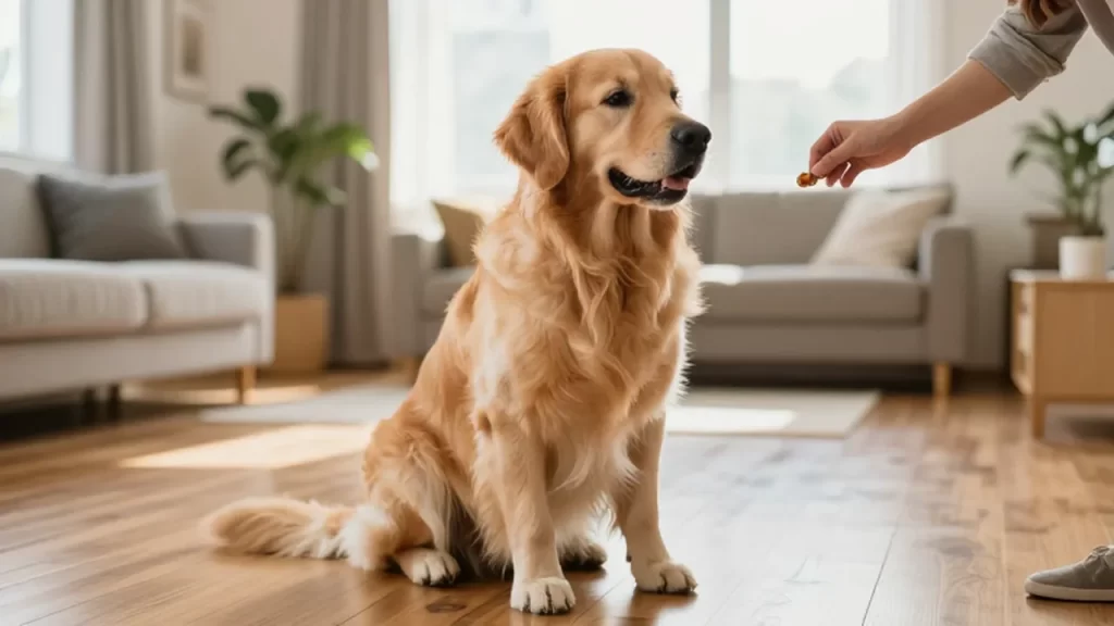 Golden Retriever concentrado sentado en un salón iluminado mientras una mano le ofrece un premio.