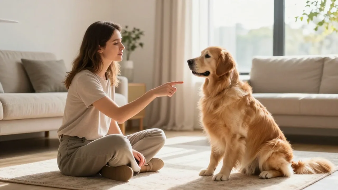 Mujer sentada en el suelo de un salón moderno interactuando con un perro Golden Retriever atento.
