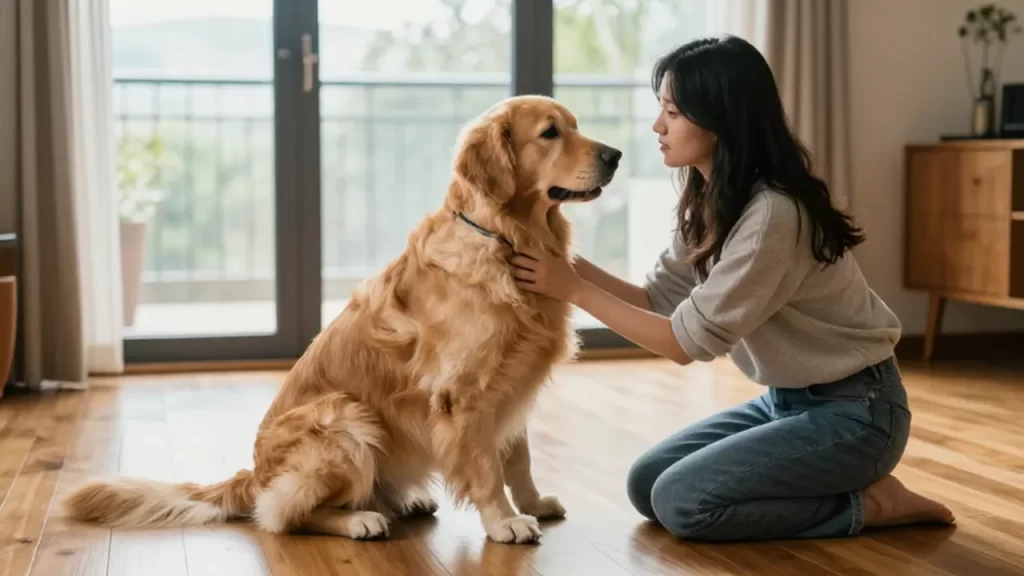 Una mujer arrodillada junto a un golden retriever que permanece sentado tranquilamente en una sala.