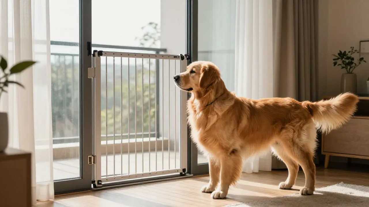 Golden Retriever alerta junto a una puerta de cristal y una barrera de seguridad para mascotas.