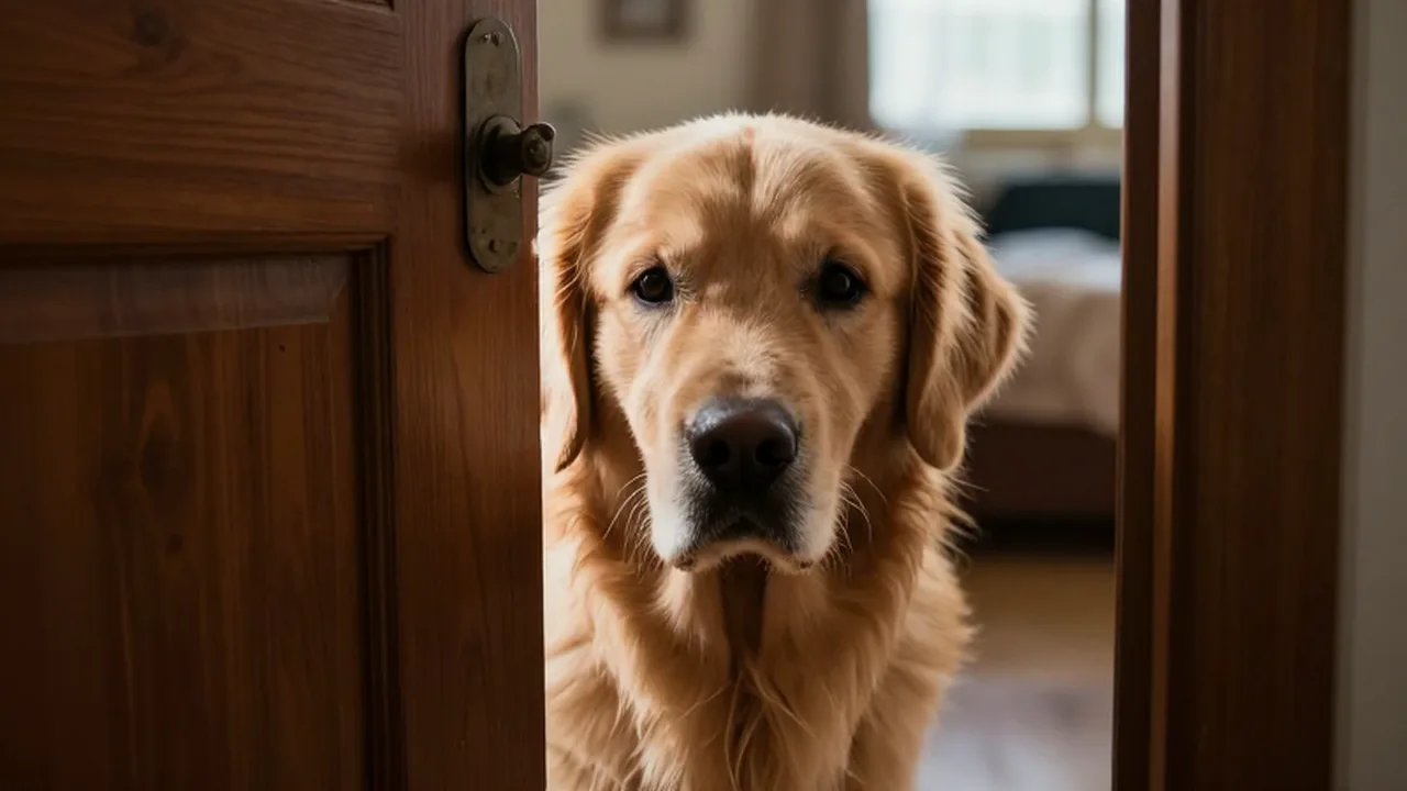 Golden retriever con mirada angustiada asomándose por la rendija de una puerta entreabierta.