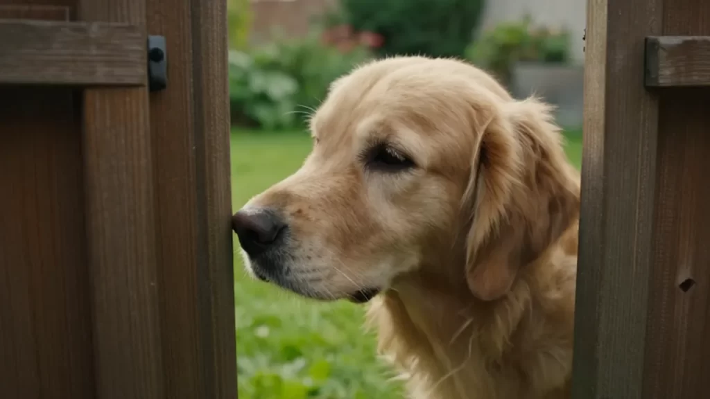 Un golden retriever curioso olfatea una puerta de madera entreabierta en un jardín soleado.