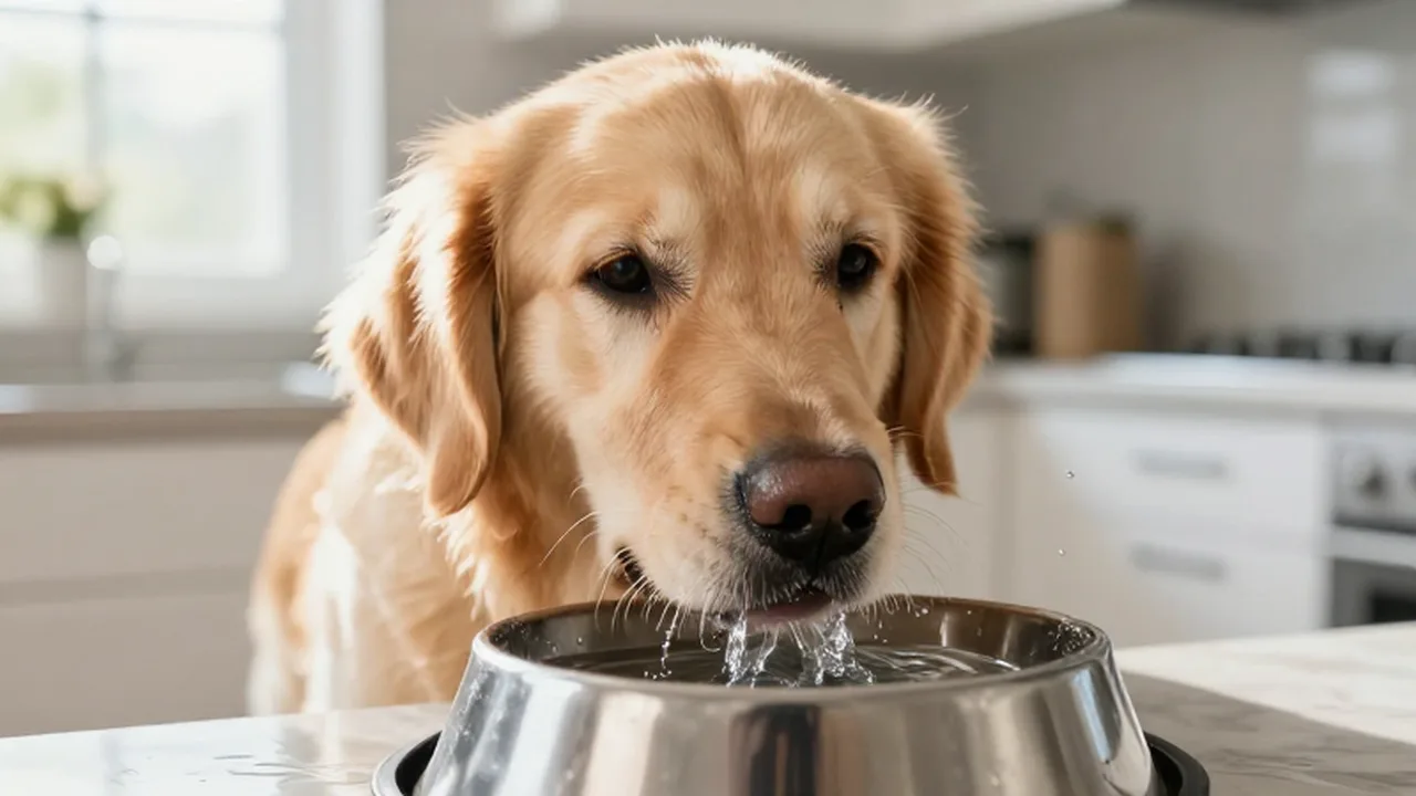 Golden Retriever bebiendo agua fresca de un cuenco de acero en una cocina soleada.