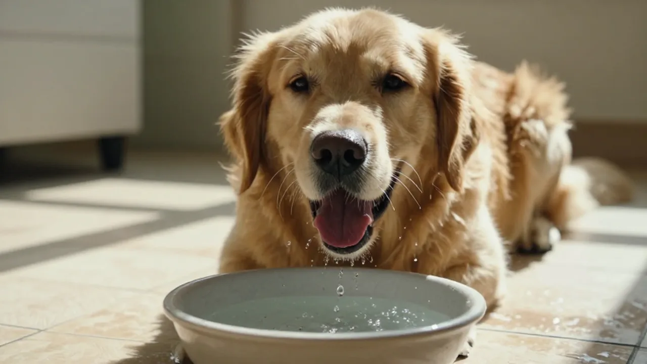 Golden retriever jadeando sobre un suelo de baldosas junto a un cuenco de agua fresca.
