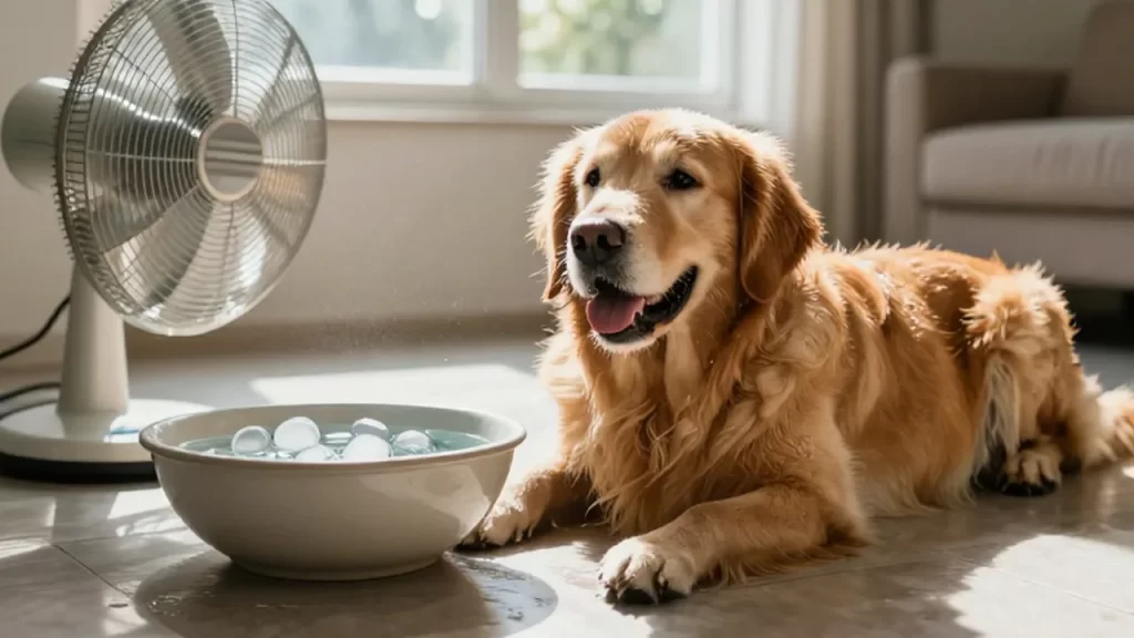 Golden Retriever feliz descansando junto a un cuenco de agua con hielo en una estancia iluminada.