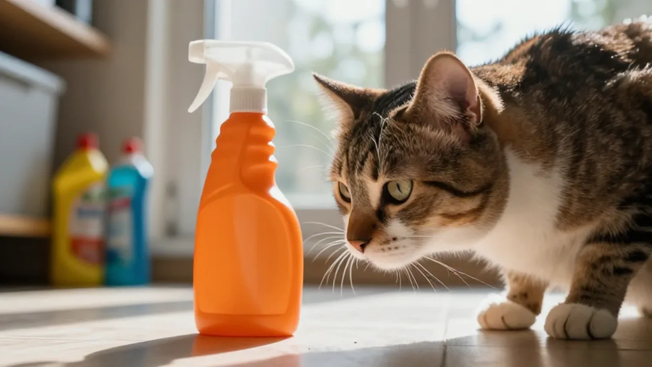 Gato curioso olfateando con cautela un bote de spray de limpieza naranja en el suelo de la cocina.