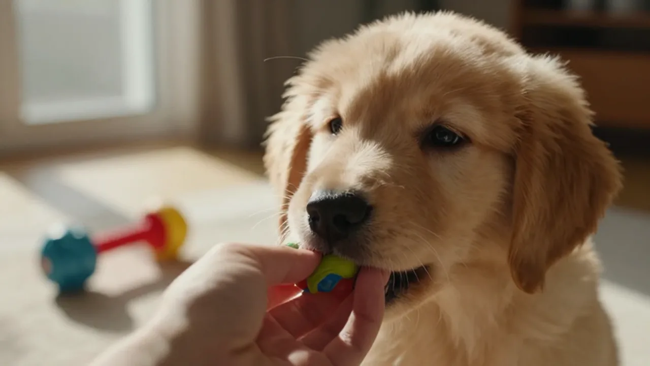 Cachorro de golden retriever mordisqueando tiernamente la mano de una persona bajo la luz del sol.