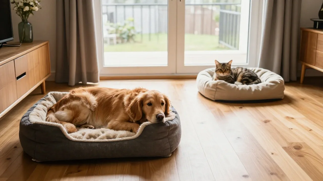 Un perro golden retriever y un gato atigrado descansan tranquilamente en sus camas en una sala iluminada por el sol.