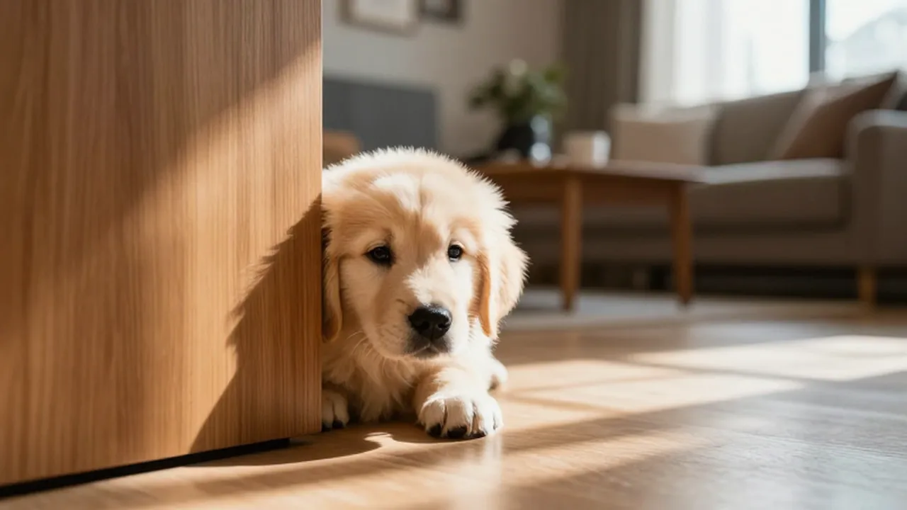 Cachorro de Golden Retriever asomando la cabeza con curiosidad desde detrás de un mueble de madera.
