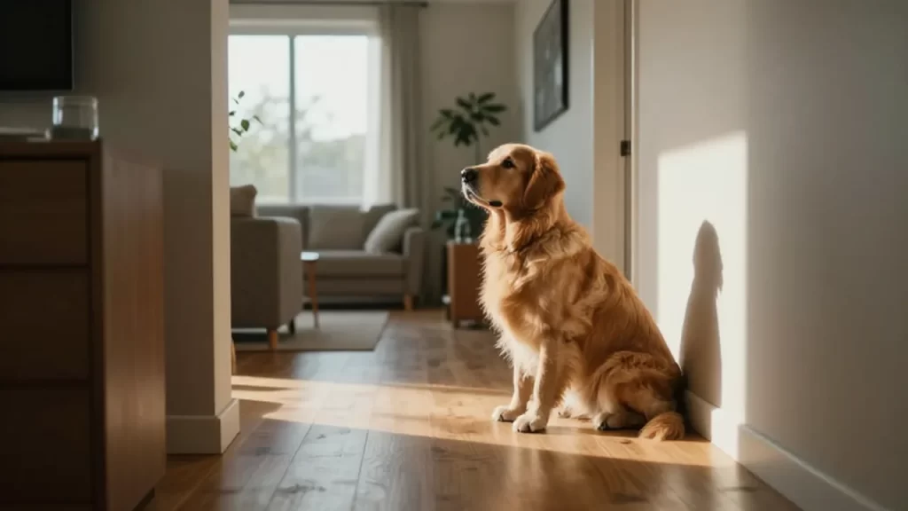 Un golden retriever sentado en una sala iluminada observa con curiosidad hacia un pasillo oscuro.