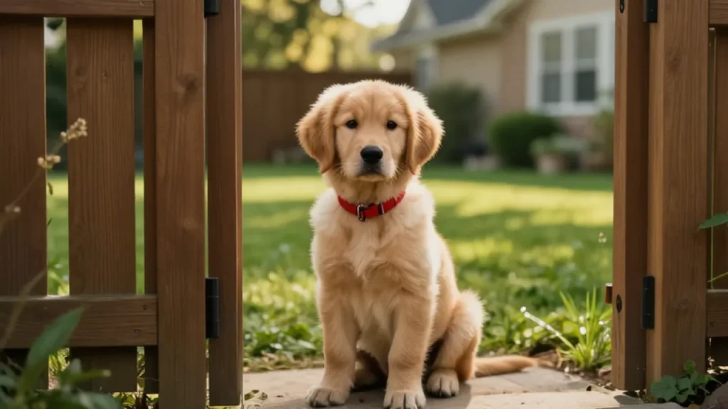 Cachorro de golden retriever con collar rojo sentado junto a una puerta de madera en un jardín.