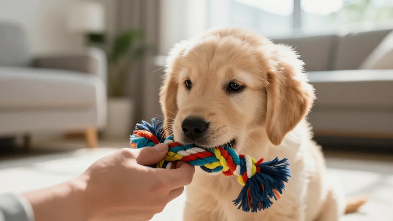 Cachorro de Golden Retriever mordiendo un juguete de cuerda colorida en una sala soleada.