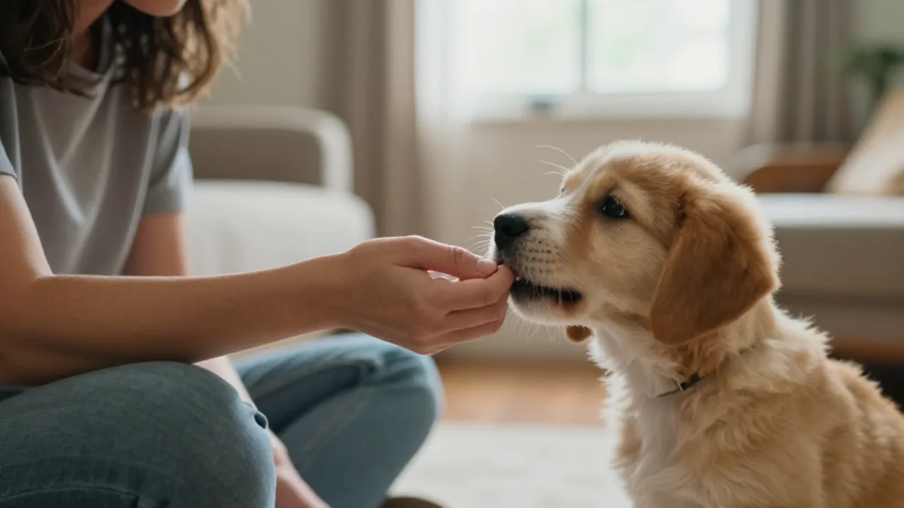Un cachorro juguetón intenta morder la mano de su dueño en una acogedora sala.