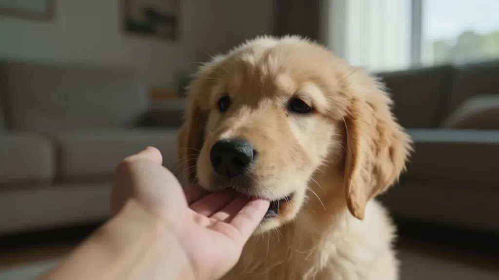 Cachorro de golden retriever mordisqueando suavemente la mano de una persona en una sala iluminada.