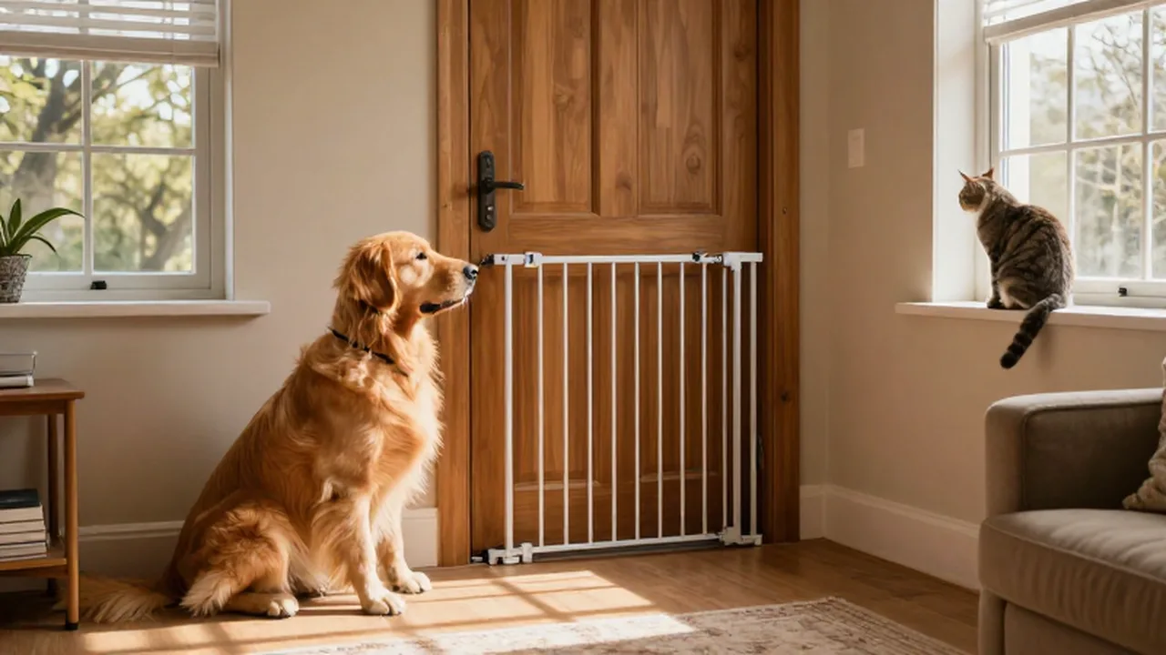 Un golden retriever sentado junto a una puerta de madera con una barrera para mascotas instalada.